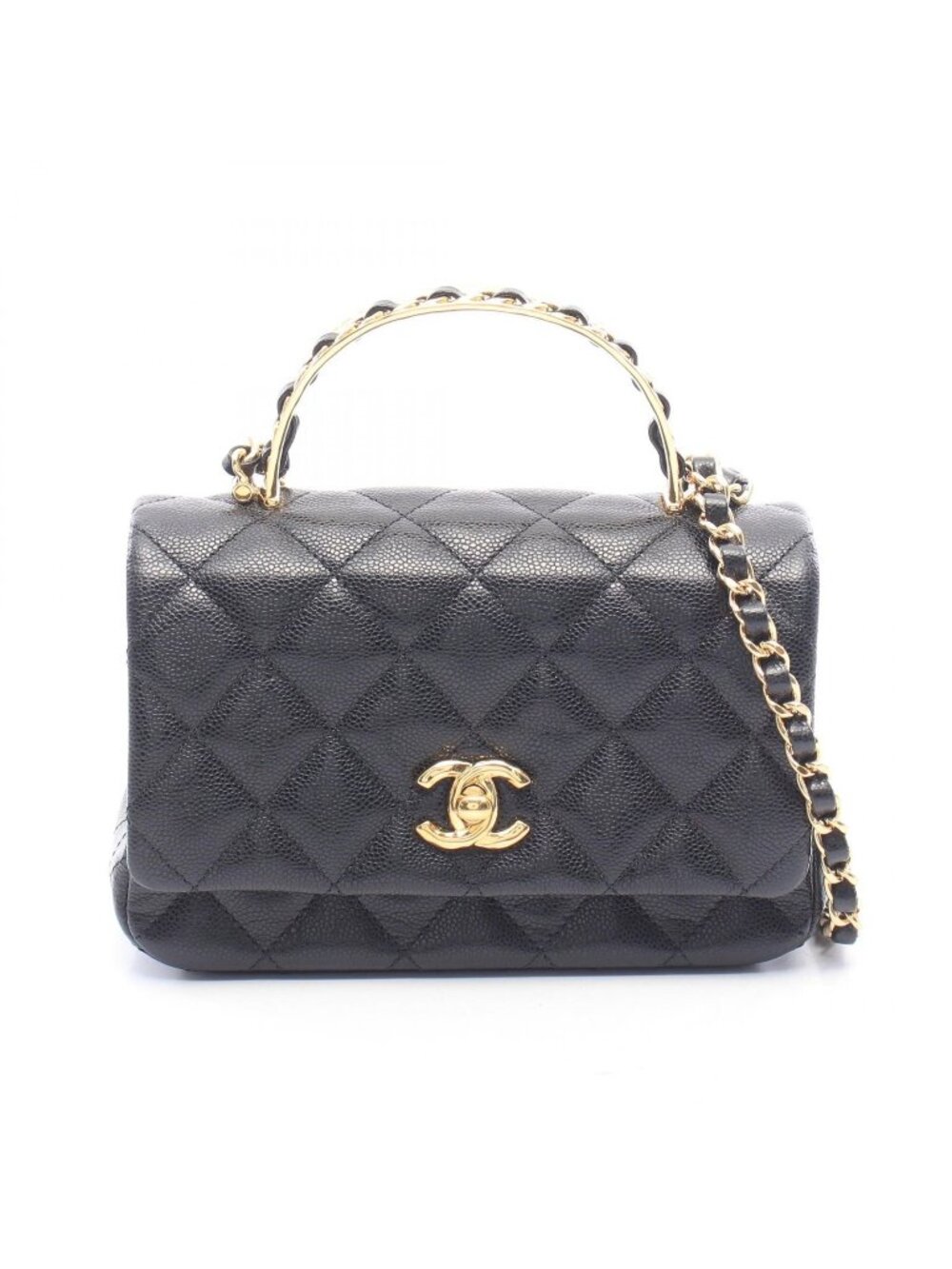 Chanel Shoulder Bag Quilted Top Handle 2-Way Black Caviar Leather Chain